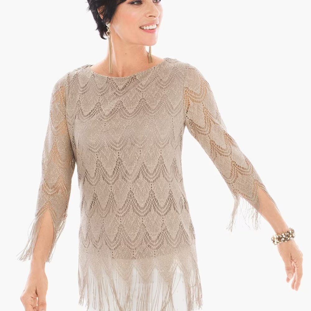 Chico's NWT Gold Sparkly Long Sleeve Scalloped Fringe Blouse